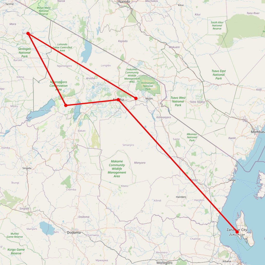 Carte de l'itinéraire du safari privatif 15 jours Parc du Nord et Zanzibar en Tanzanie