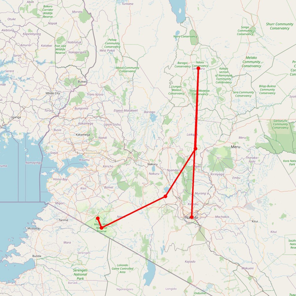 Carte de l'itinéraire du safari Merveilles du Kenya en Kenya