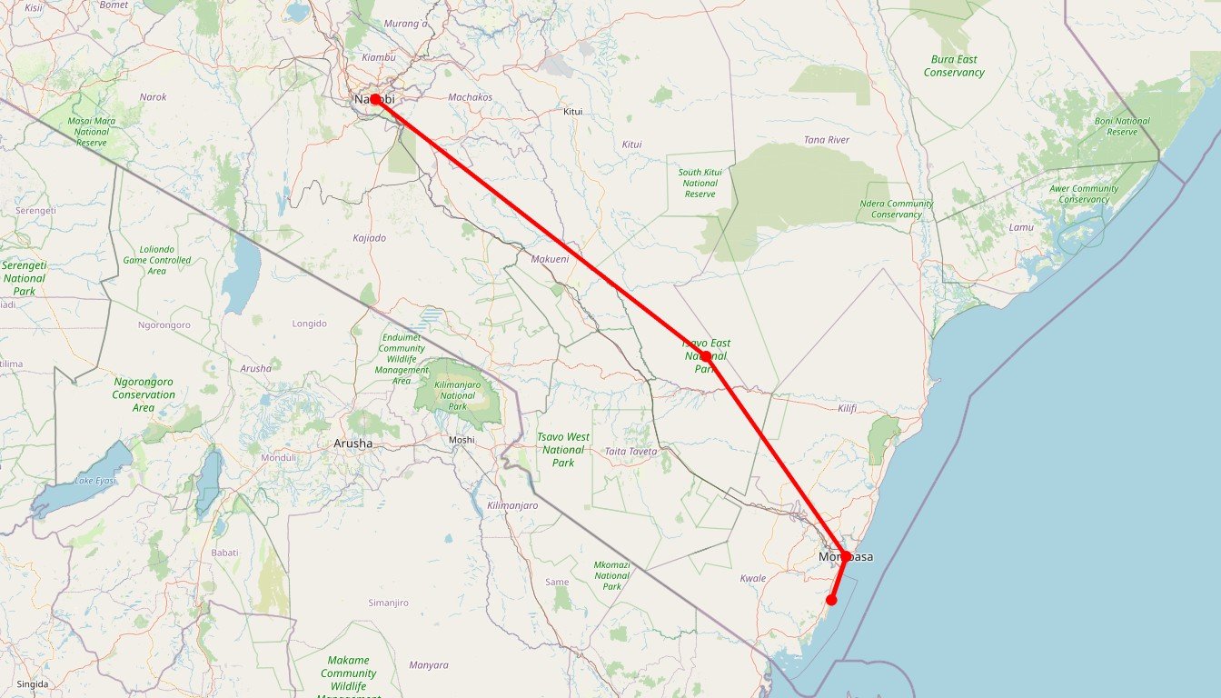 Carte de l'itinéraire du circuit Safari en Terres Africaines et Plages de l’Océan indien en Kenya