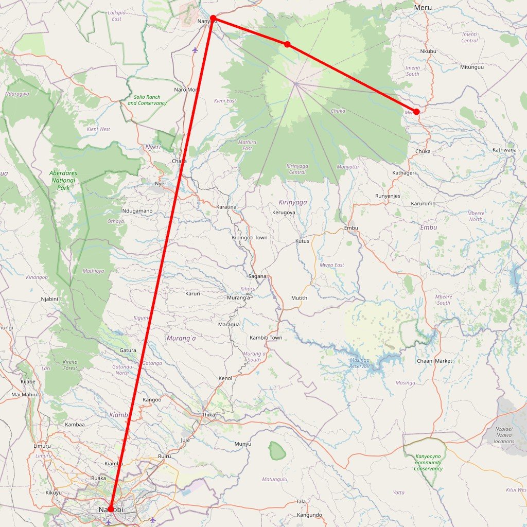 Carte de l'itinéraire du circuit Mont Kenya Trek en Kenya