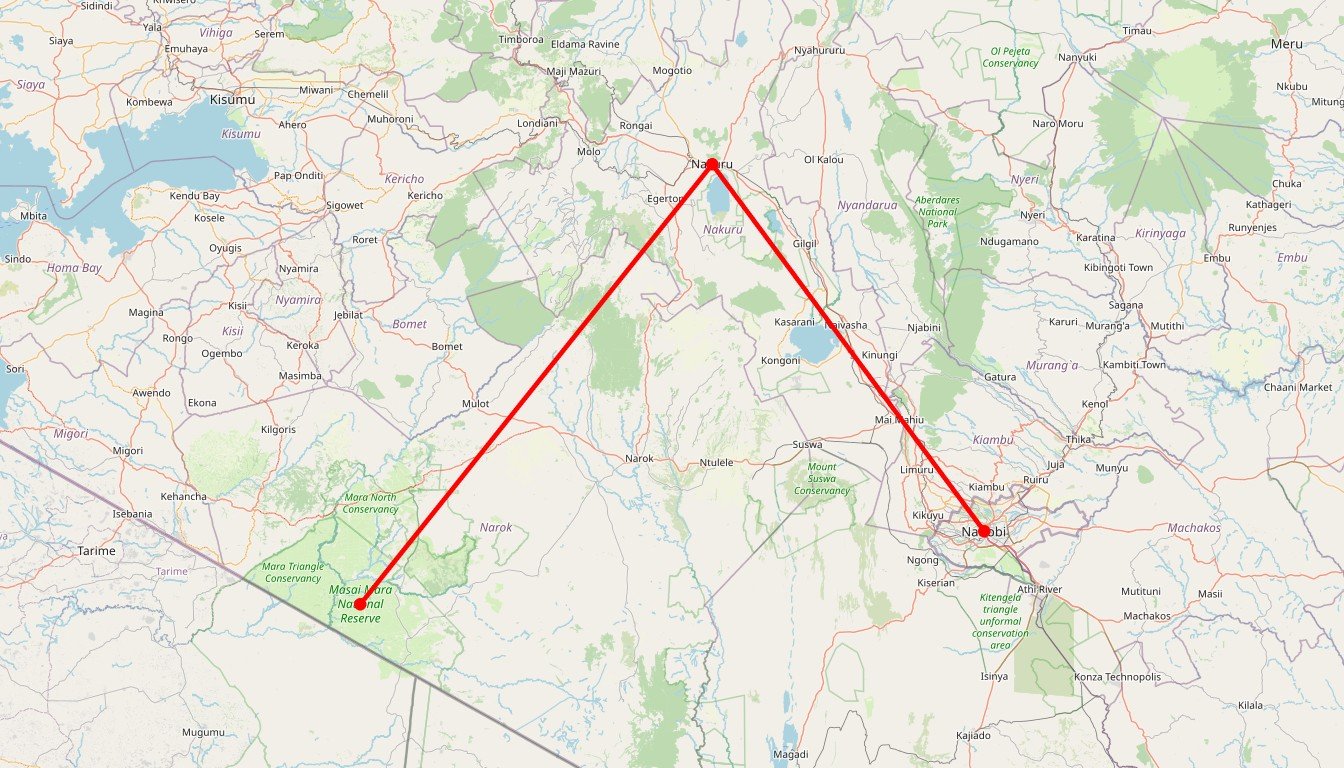 Carte de l'itinéraire du circuit Safari Grands Parcs du Kenya en Kenya