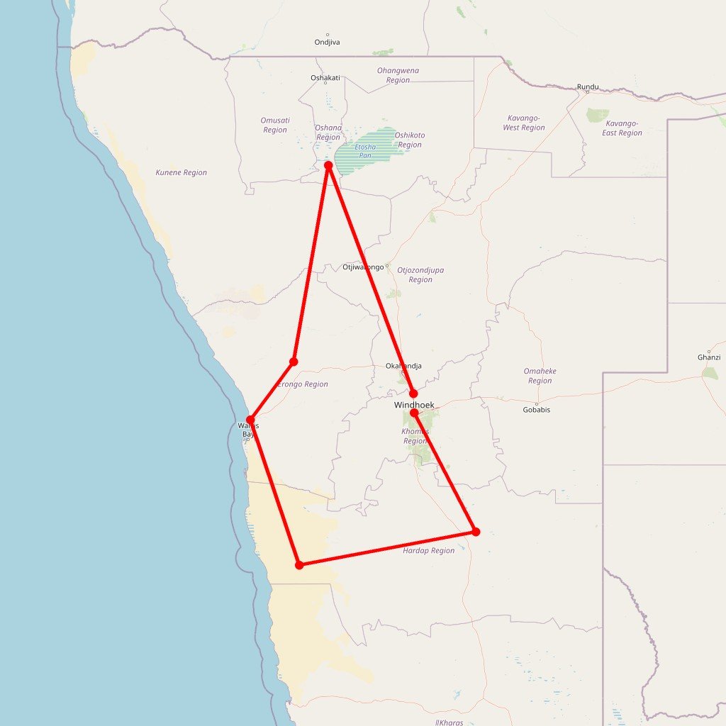 Carte de l'itinéraire du autotour en Namibie : Road Trip du Désert du Kalahari à Etosha en Namibie