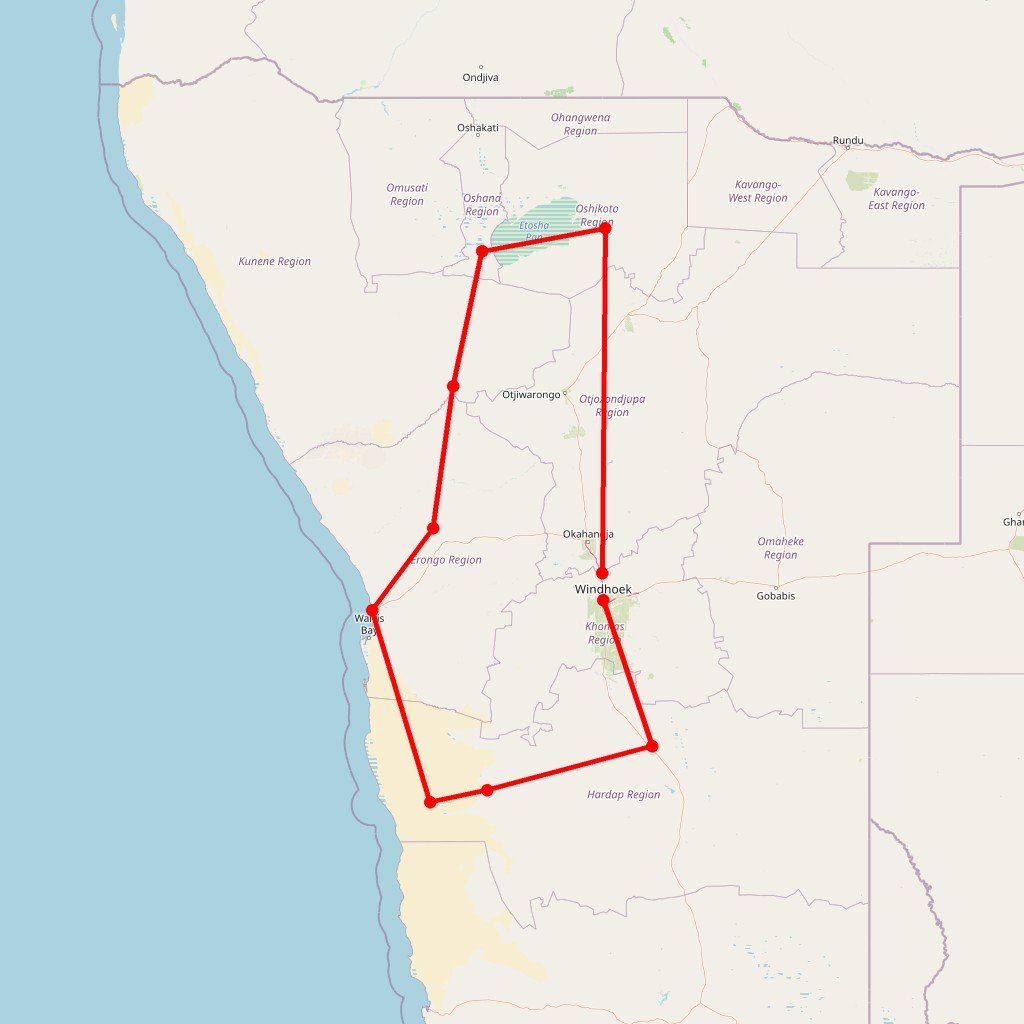 Carte de l'itinéraire du autotour en Namibie, du Kalahari à Etosha, tout en lodge en Namibie