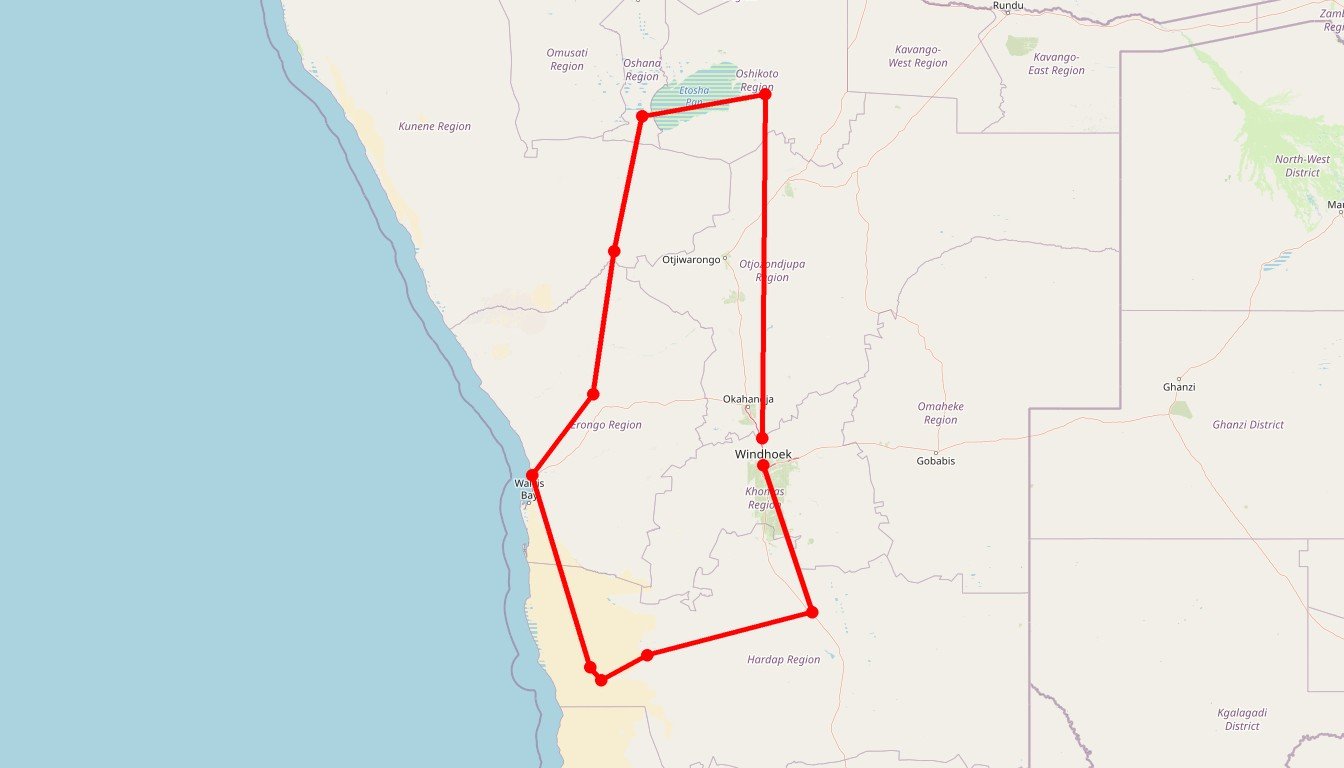 Carte de l'itinéraire du circuit Autotour en Namibie, du Kalahari à Etosha, tout en lodge en Namibie