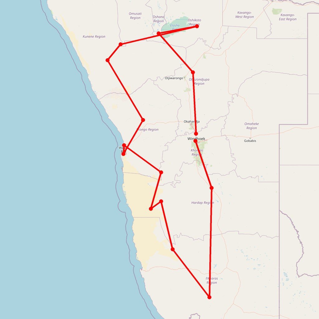 Carte de l'itinéraire du autotour Découverte complète de la Namibie : Road Trip du Fish River Canyon à Etosha en Namibie