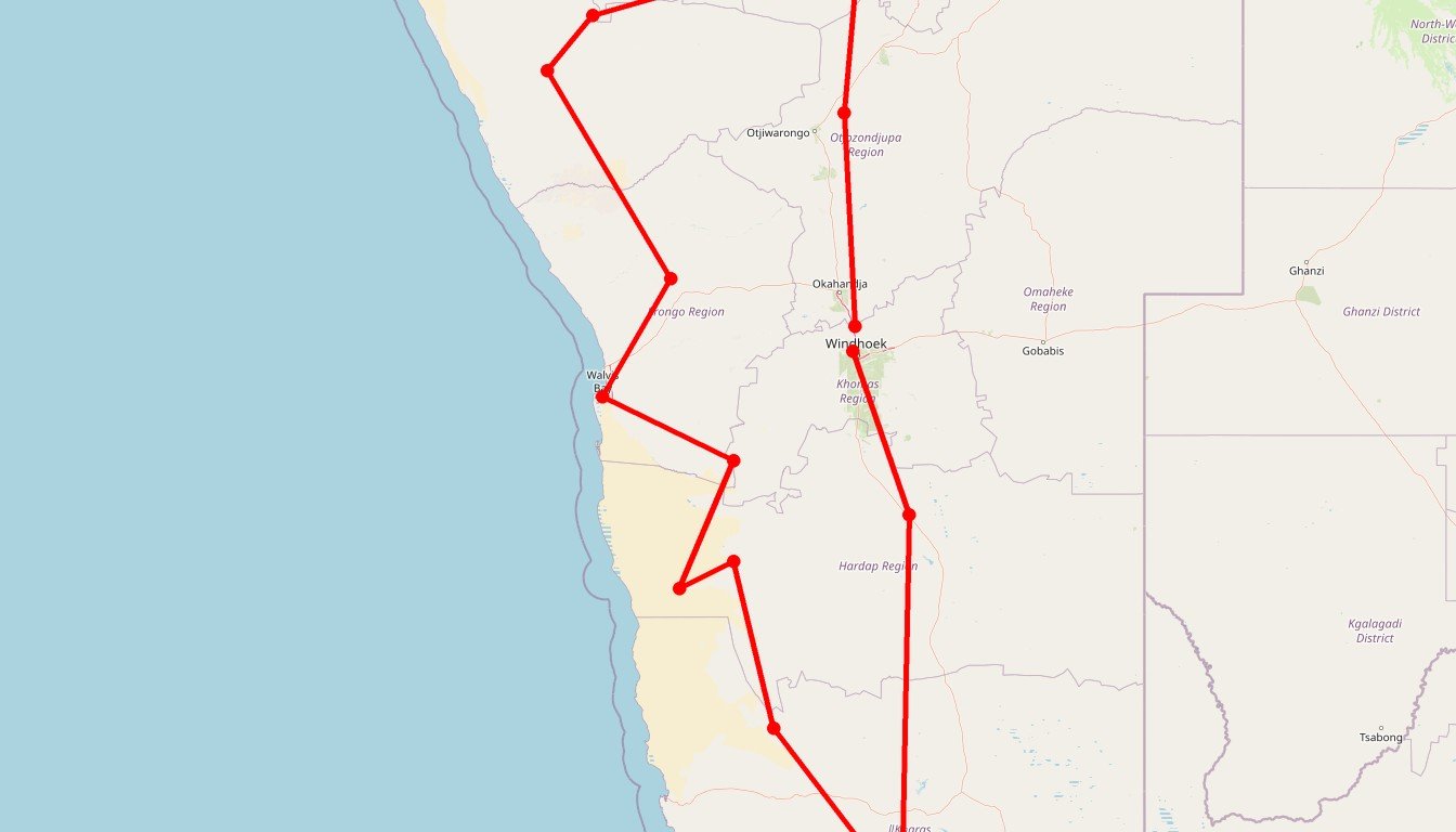 Carte de l'itinéraire du circuit Autotour Découverte complète de la Namibie : Road Trip du Fish River Canyon à Etosha en Namibie