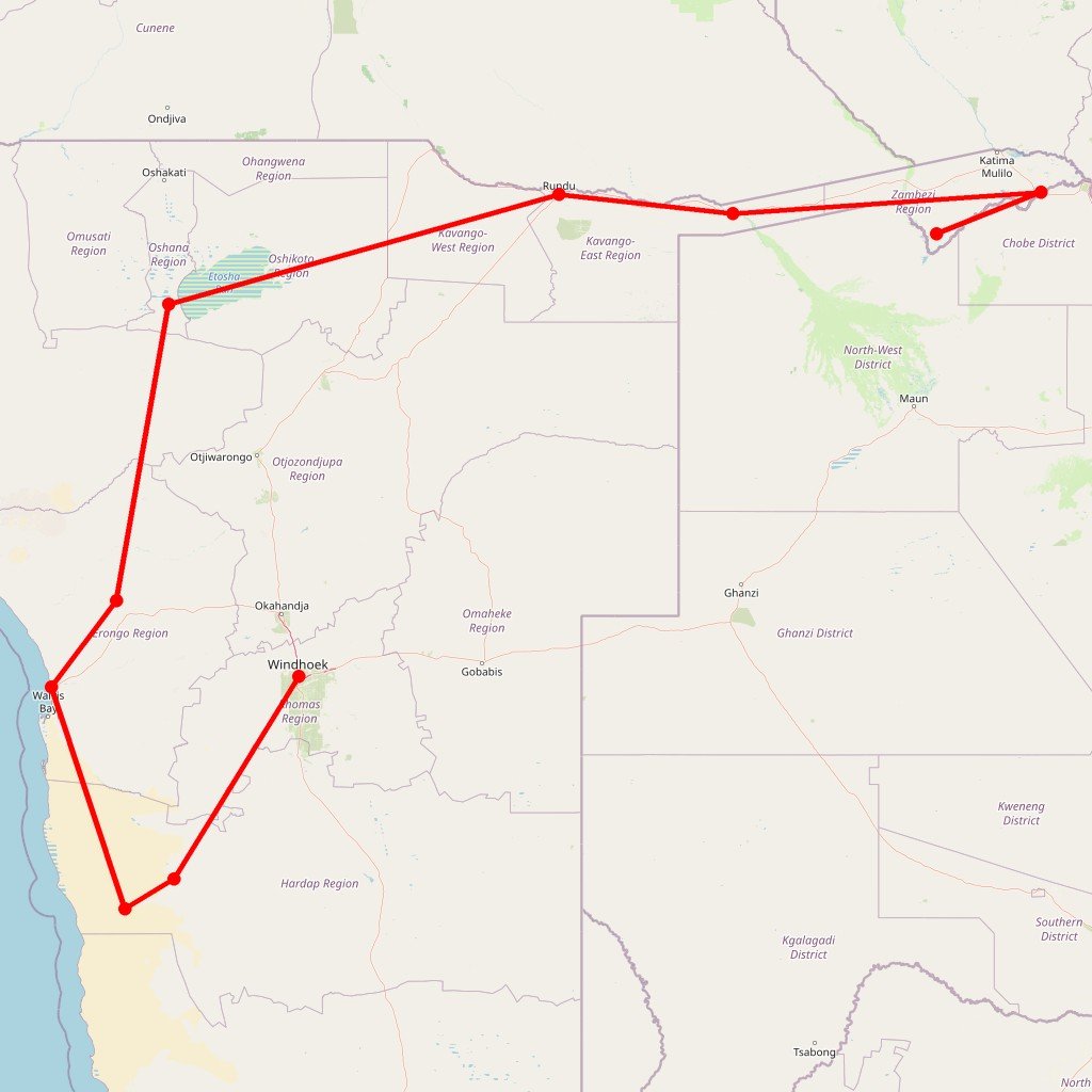 Carte de l'itinéraire du circuit de la Namibie aux Chutes Victoria en Bivouac et Lodge en Namibie