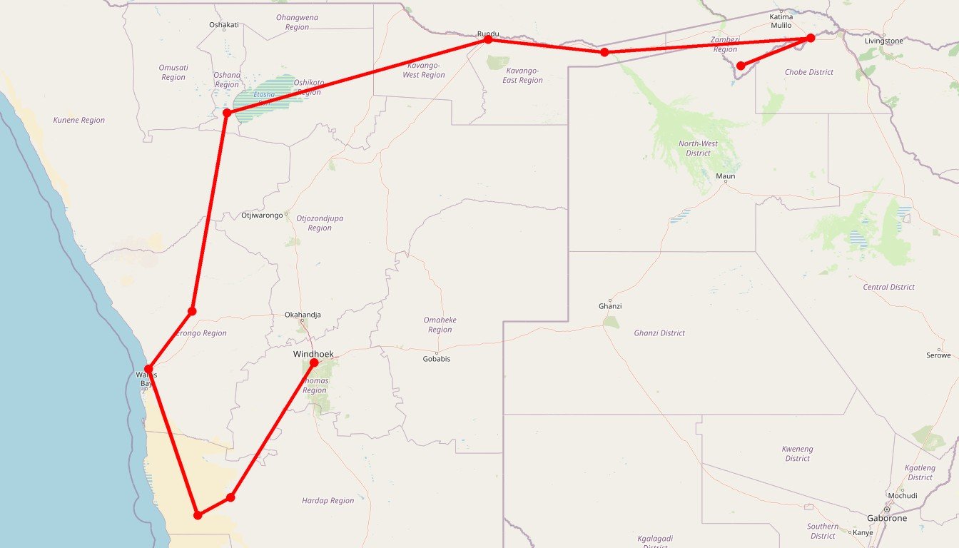 Carte de l'itinéraire du circuit Circuit de la Namibie aux Chutes Victoria en Bivouac et Lodge en Namibie