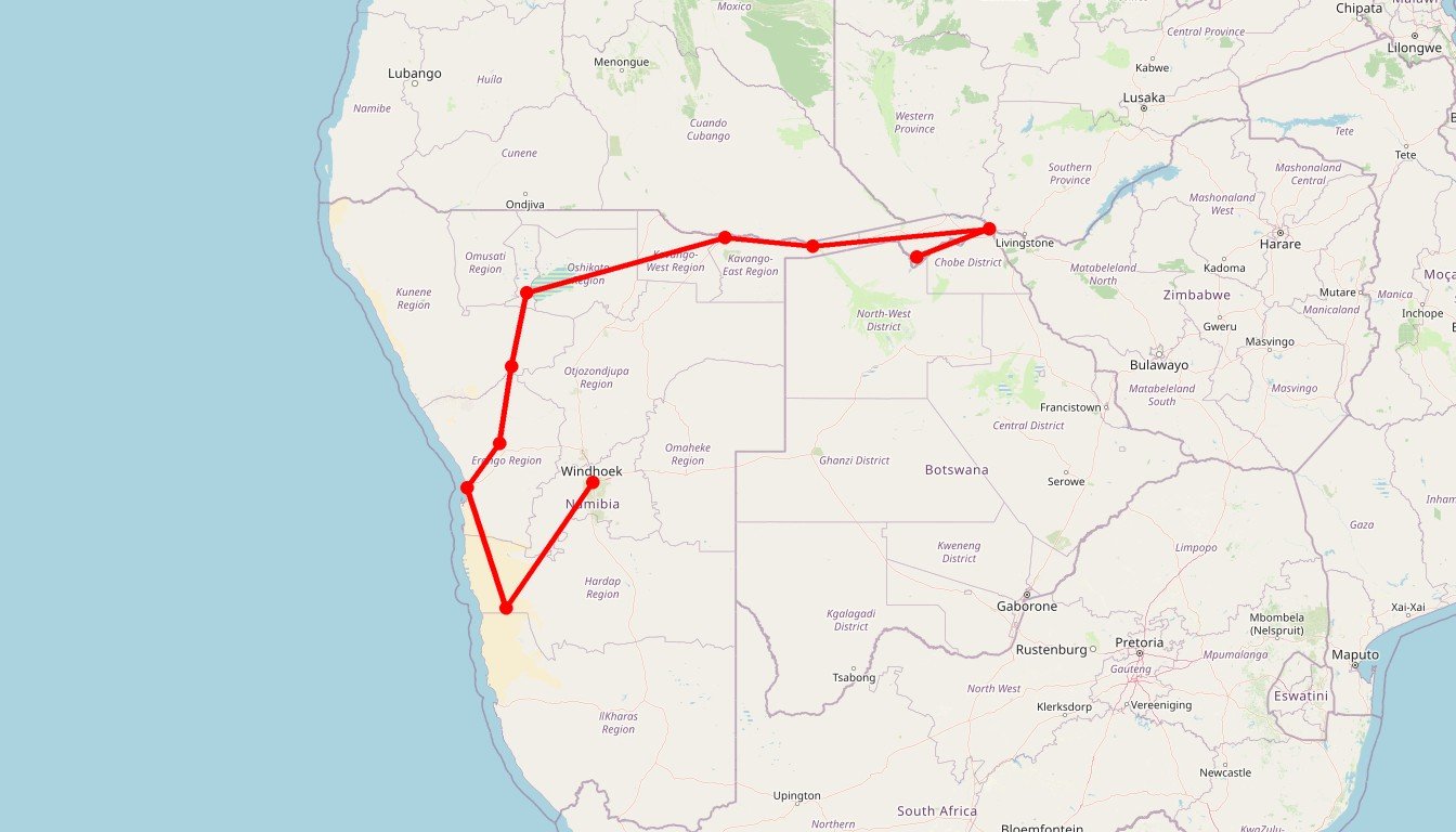 Carte de l'itinéraire du circuit Circuit Namibie Okavango Botswana en Namibie