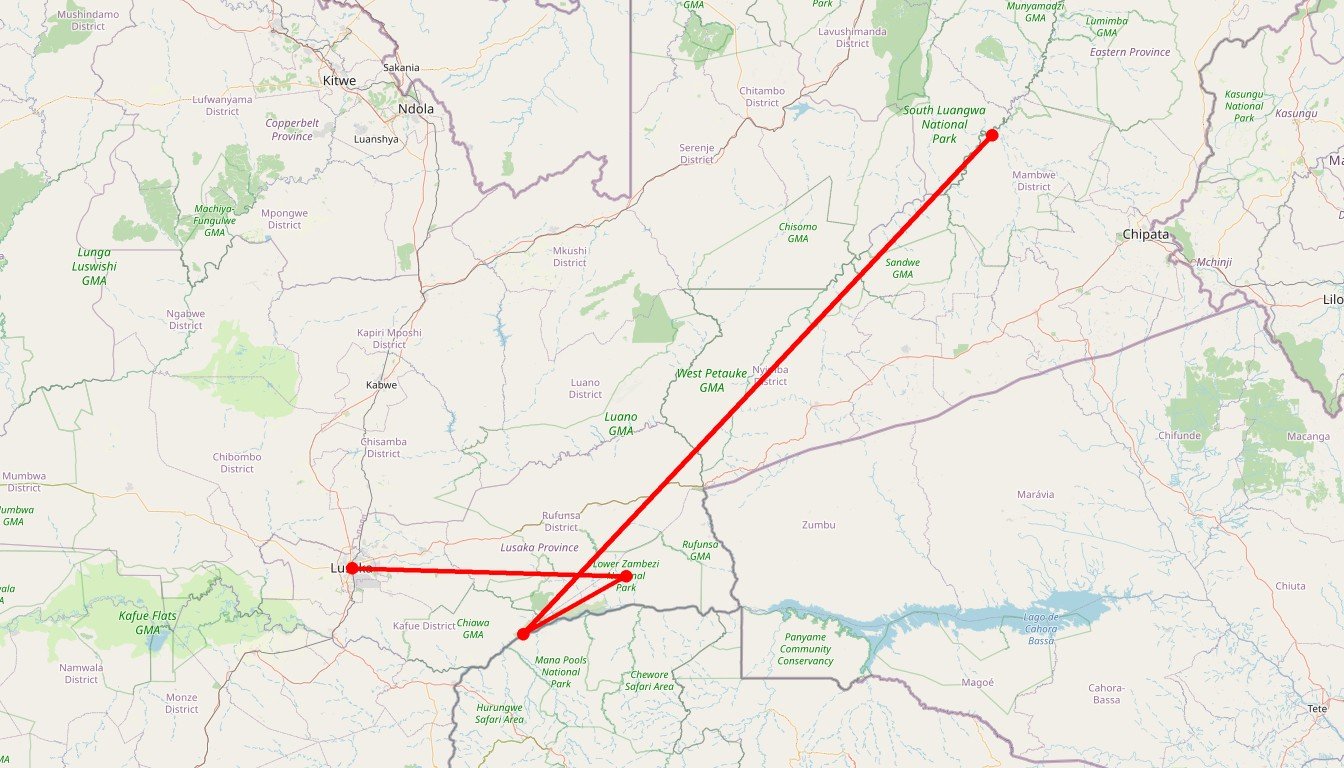 Carte de l'itinéraire du circuit Safari en Zambie en Zambie