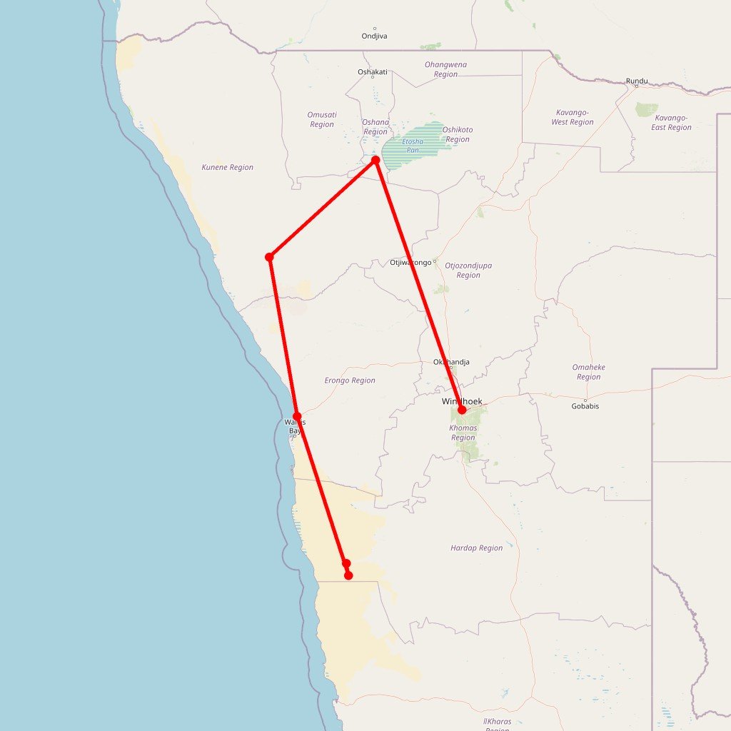 Carte de l'itinéraire du safari en Namibie en Namibie