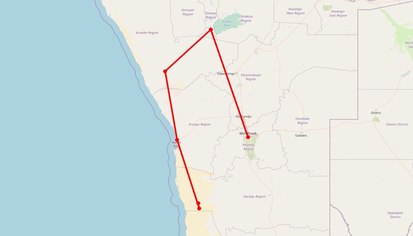 Carte de l'itinéraire du circuit Safari en Namibie en Namibie
