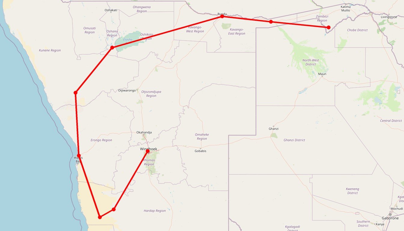 Carte de l'itinéraire du circuit Circuit De la Namibie aux Chutes Victoria en Namibie