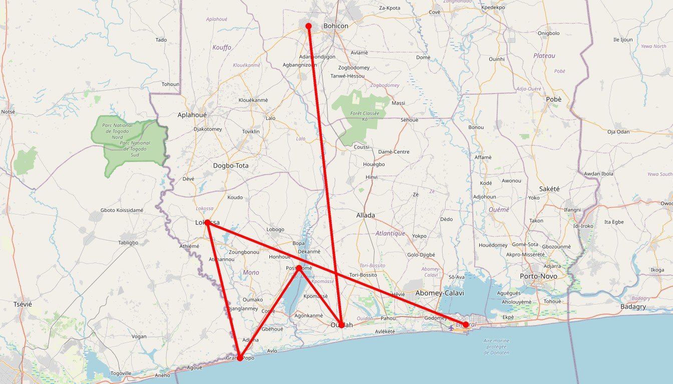 Carte de l'itinéraire du circuit Circuit En mobylette Simone ! en Bénin