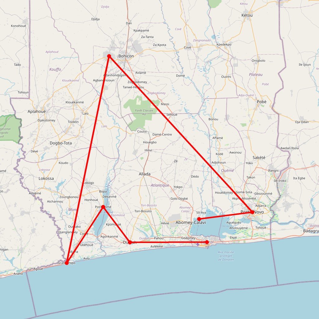 Carte de l'itinéraire du circuit Ambiance de la brousse en Bénin