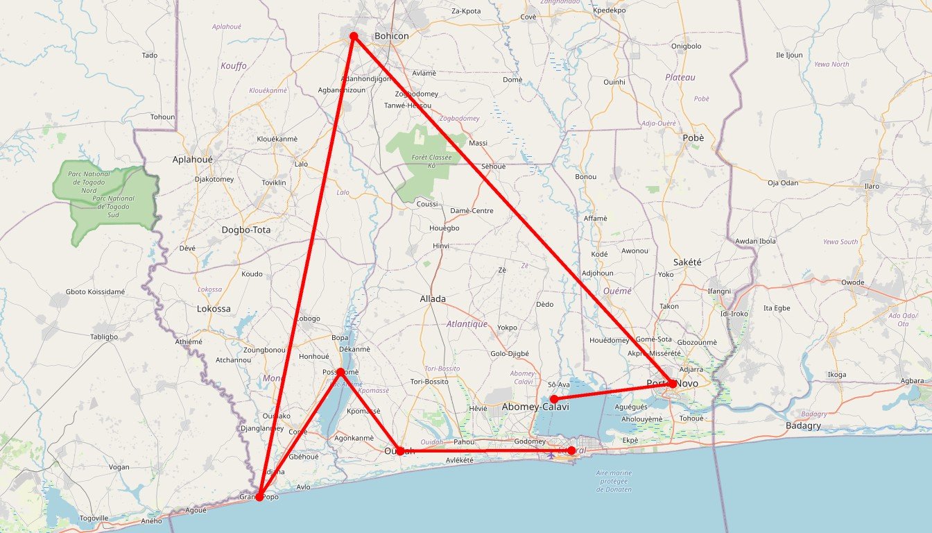 Carte de l'itinéraire du circuit Circuit Ambiance de la brousse en Bénin