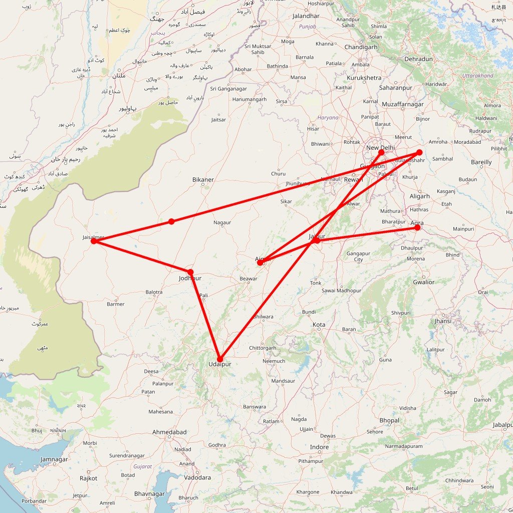 Carte de l'itinéraire du circuit Mille et un Palais en Inde