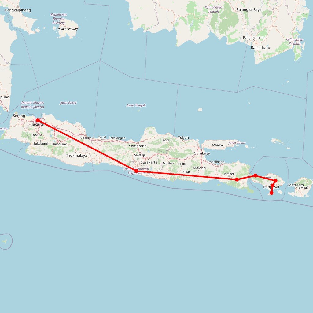 Carte de l'itinéraire du circuit Faites la Java à Bali ! en Indonésie
