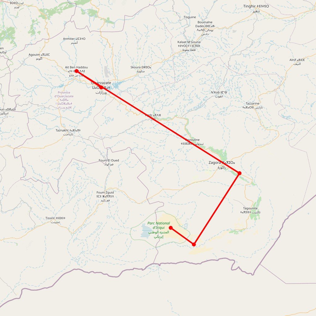 Carte de l'itinéraire du circuit Dunes et Palmeraies en Maroc