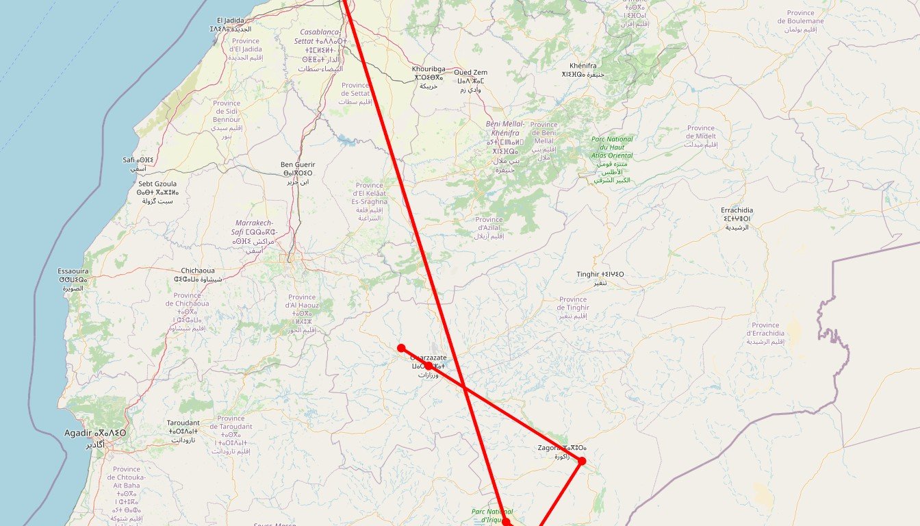 Carte de l'itinéraire du circuit Circuit Dunes et Palmeraies en Maroc
