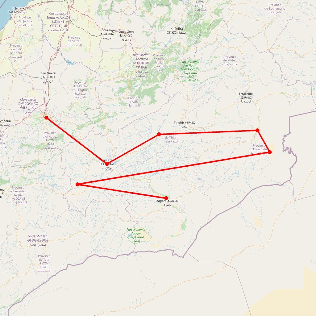 Carte de l'itinéraire du circuit La Route des Caravanes en Maroc