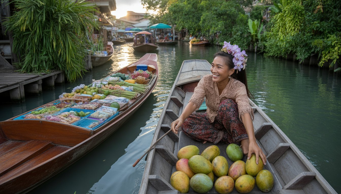 Marché flottant de Damnoen Saduak en Thaïlande - Photo
